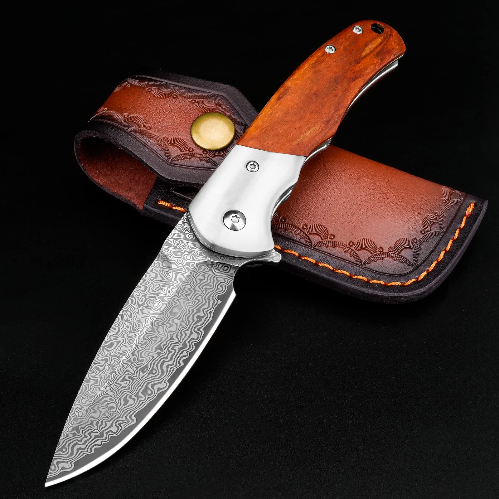 KOMWERO Damascus Pocket Knife with Clip for Men
| EDC Damascus Knife with Leather Sheath Wooden Handle for Camping
| VG